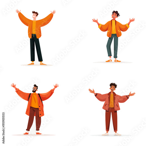cheerful sanguine man laughing with open arms gesture in flat vector style