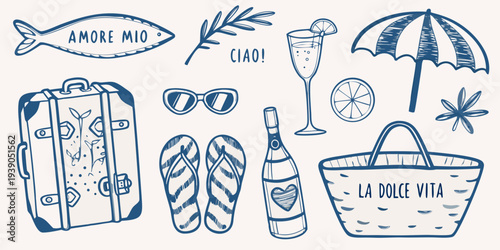 Italian summer vacation doodles featuring travel and leisure items
