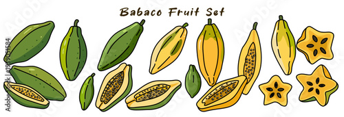 Babaco fruit set showcases vibrant array of this unique fruit, highlighting its distinct shapes and colors. green and yellow tones create lively visual that captures essence of freshness
