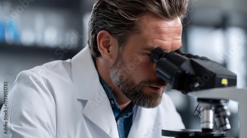 Man in lab coat examining samples through microscope in modern laboratory setting during daylight hours