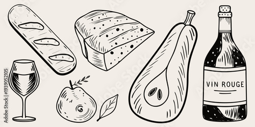 A charming sketch of french bread cheese pears and a wine bottle