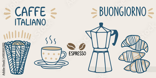 Italian coffee illustration featuring espresso pastries and a moka pot