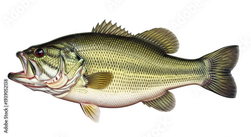 Tableau sur toile Isolated Largemouth Bass with open mouth and red eye, angling fish, freshwater f