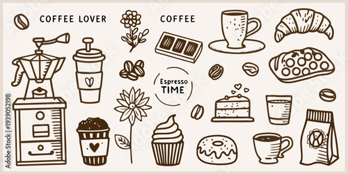 A collection of hand drawn coffee pastry and beverage illustrations