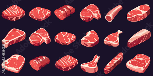 Various cuts of raw red meat arranged in a grid pattern