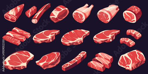 Assorted cuts of raw meat displayed in a colorful illustrative style