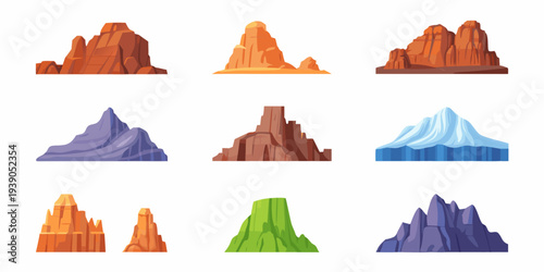 Collection of cartoon mountains and rock formations in various colors