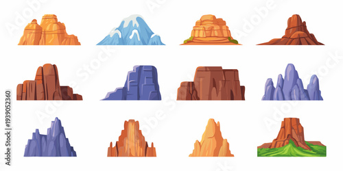 Cartoon illustration of diverse mountain and rock formations set