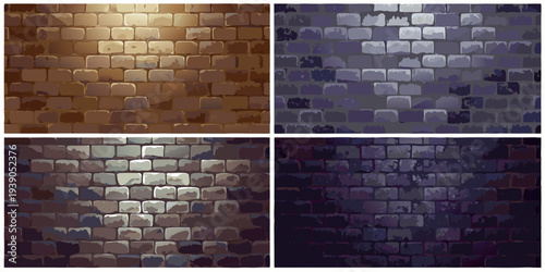Four brick wall variations showcasing different color palettes and shading