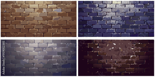Four brick wall panels showcasing varied color and lighting schemes