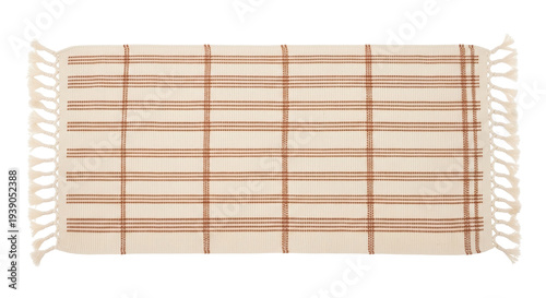 Φωτογραφία Isolated woven throw rug with tassel fringe is beige with brown plaid lines patt