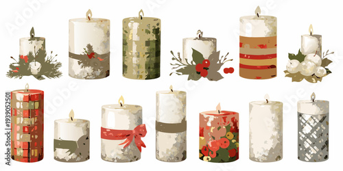 A collection of decorative watercolor style candles with festive embellishments