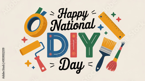 Colorful diy tools illustration for happy national diy day with paintbrushes and rollers on white background