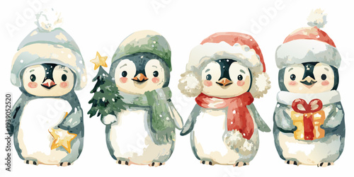 Watercolor illustration of four adorable penguins celebrating the winter holidays