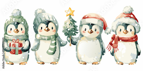 Watercolor penguins celebrating winter holidays with gifts and a tree