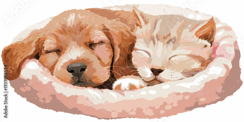 A golden retriever puppy and kitten peacefully sleeping together in a bed