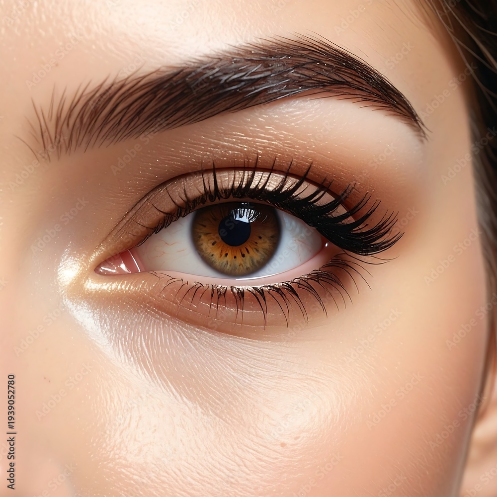 Obraz premium A close-up of a human eye with brown iris and long eyelashes