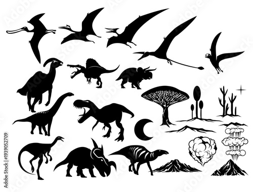 Dinosaurs and environment silhouette design set - Wild live giant dinosaurs