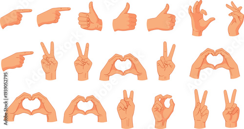 Cartoon hand gestures icons, thumbs up, peace sign, finger heart, OK symbol, pointing hands, communication illustration, emoji style vector