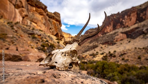 Weathered skull with antlers sits on a rock against a rugged canyon backdrop, under partly cloudy skies