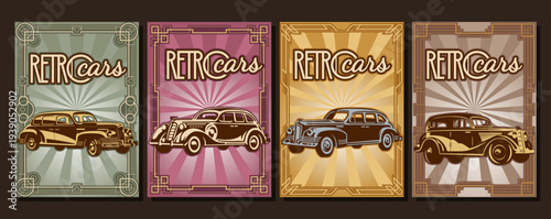 Automobiles from the 1930s - 1940s,  Retro Cars Poster Set, Art Deco Frames, Classic Automobiles, 1930s Color Palettes