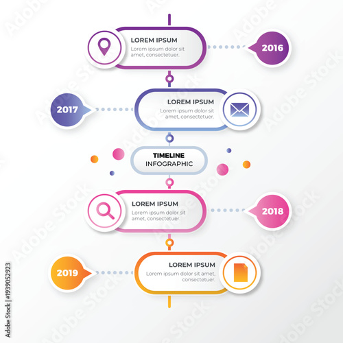 A colorful infographic template with a timeline design and various icons