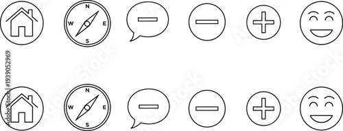 Set of thin line web icons including home, compass, speech bubble, minus, plus, and smiley face symbols for user interface design,