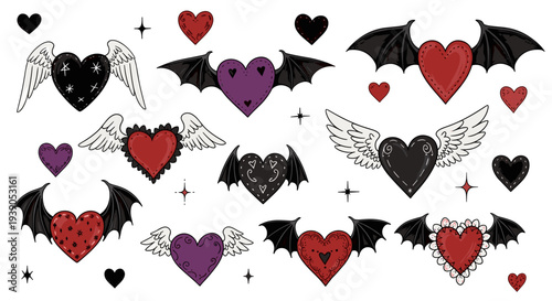 Collection of cute cartoon hearts with wings and bats