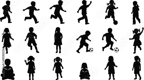 Large collection of black children silhouettes playing soccer with balls running jumping reading books and standing together isolated on white background for vector graphic design projects.
