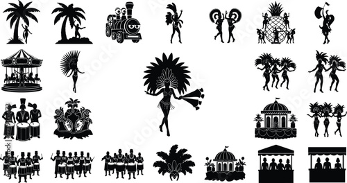 Large collection of black children silhouettes playing soccer with balls running jumping reading books and standing together isolated on white background for designs.