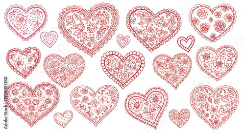 Collection of decorative hearts with intricate lace patterns and textures