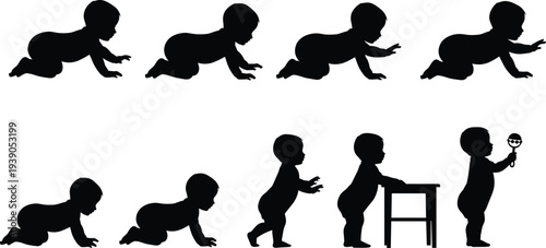 Baby development silhouettes, crawling, standing, walking, infant growth, child milestones, toddler learning, motor skills, progression, childhood, parenting, family, evolution, stages, reflection,