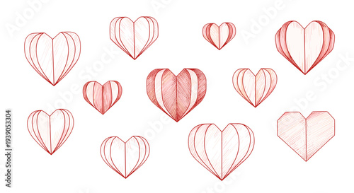 Collection of handdrawn pink and red hearts with sketchy style
