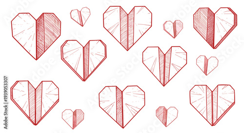 Collection of handdrawn red hearts with varied patterns and sizes