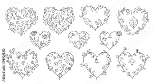 Collection of various heart shapes with intricate line art designs