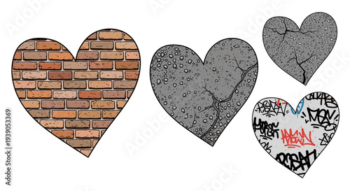 Three heart shapes with different textures and graffiti designs