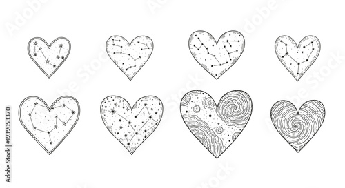 Set of eight handdrawn heart illustrations with various patterns