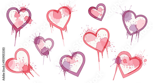 Collection of colorful hearts with paint splatter and drips