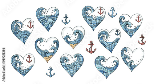 Collection of nautical themed hearts with anchors and waves design
