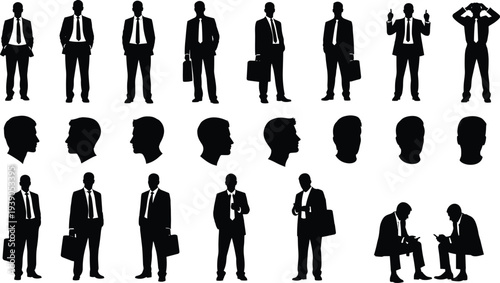 Business silhouettes, men in suits, corporate icons, professional poses, office workers, teamwork, communication, leadership, meeting, discussion, profile views, briefcase, gesture, standing,