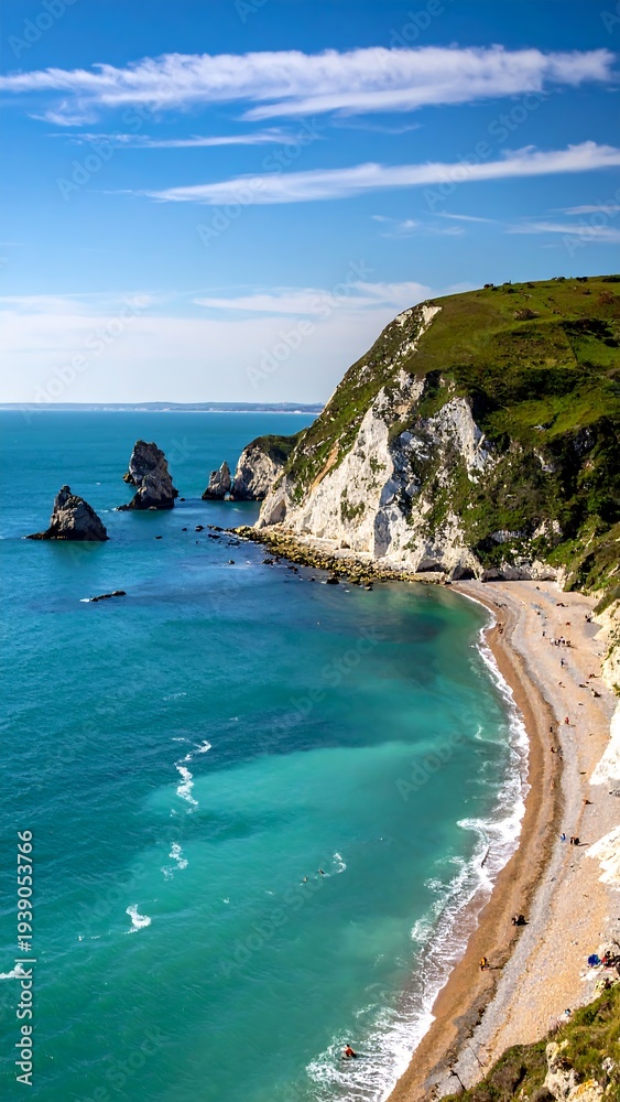 Fototapeta premium Coastal scene with cliffs, beach, turquoise water, and blue sky
