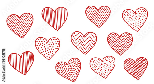 Collection of red handdrawn hearts with various patterns and styles