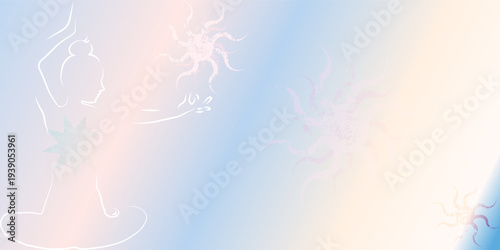 A background with a stylized suns and a girl doing yoga. A banner for yoga studios, flyers, invitations, advertisements, booklets, and social media