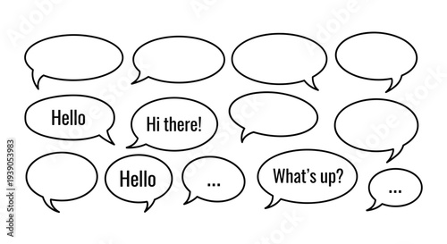 Collection of speech bubbles with greetings and questions in black