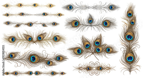Collection of peacock feathers with vibrant colors and intricate details