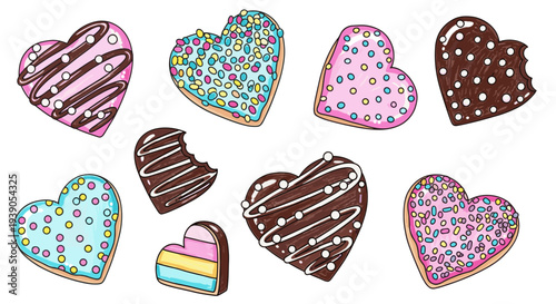 Collection of colorful heartshaped cookies with various icing designs