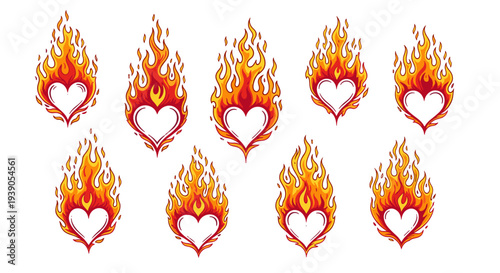 Set of nine fiery hearts with flames symbolizing passion and love