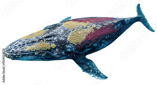 Tableau sur toile Isolated Humpback Whale swimming upward, body covered with Barnacles and whale l