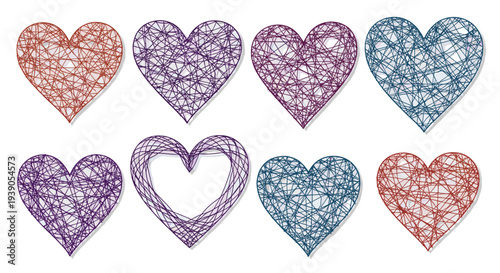 Set of eight colorful textured heart icons in various shades and styles