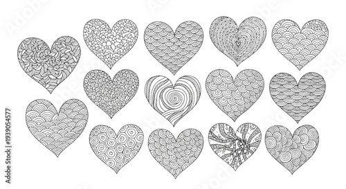 Collection of textured hearts with intricate patterns and designs